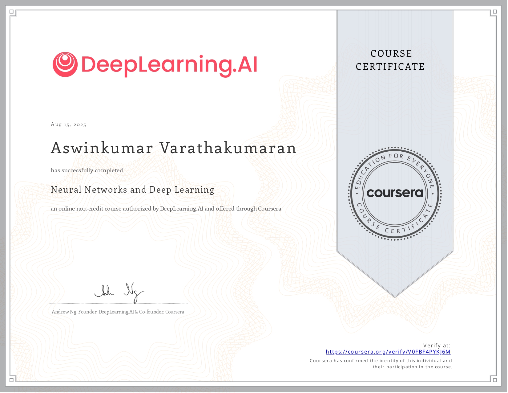 Neural Networks and Deep Learning Certificate